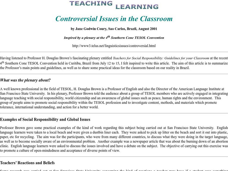 Se Asite: Teaching Learning: Controversial Issues in the Classroom Article Se Asite: Teaching Learning: Controversial Issues in the Classroom Article