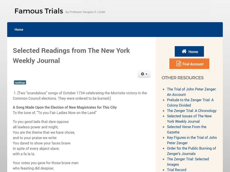Famous Trials: Selected Issues of the New York Weekley Journal Handout Famous Trials: Selected Issues of the New York Weekley Journal Handout