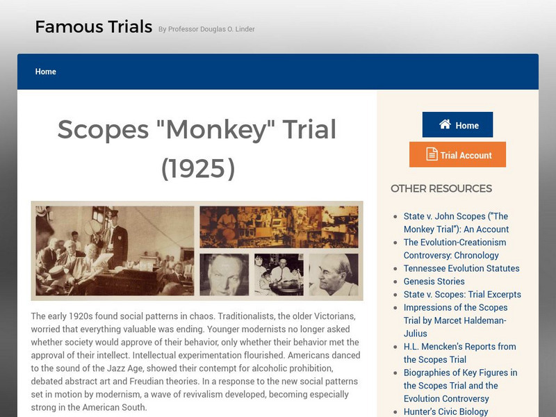 Famous Trials: Tennessee vs. John Scopes, the "Monkey Trial" Activity Famous Trials: Tennessee vs. John Scopes, the "Monkey Trial" Activity