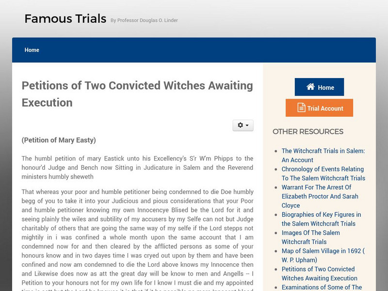 Famous Trials: Salem Witch Trials: Petitions of Two Convicted Witches Primary Famous Trials: Salem Witch Trials: Petitions of Two Convicted Witches Primary