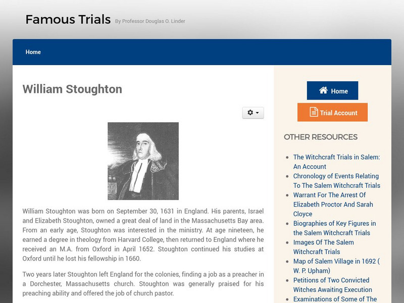 Famous Trials: Salem Witch Trials (1692): William Stoughton Primary