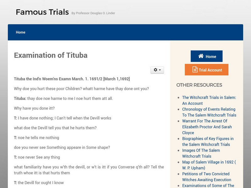 Famous Trials: Salem Witch Trials: Examination of Tituba Primary Famous Trials: Salem Witch Trials: Examination of Tituba Primary