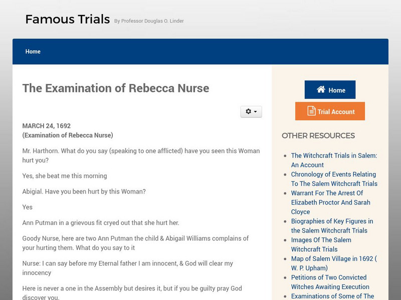 Famous Trials: Salem Witch Trials: Examination of Rebecca Nurse Primary Famous Trials: Salem Witch Trials: Examination of Rebecca Nurse Primary