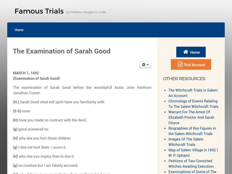 Famous Trials: Salem Witch Trials: Examination of Sarah Good Primary Famous Trials: Salem Witch Trials: Examination of Sarah Good Primary