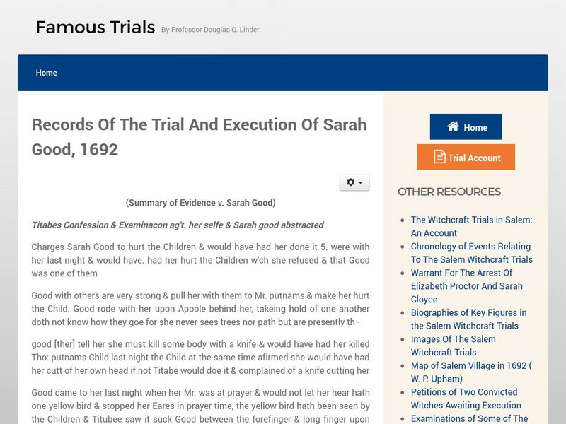 Famous Trials: Salem Witch Trials: Trial and Execution of Sarah Good Primary Famous Trials: Salem Witch Trials: Trial and Execution of Sarah Good Primary