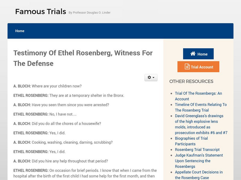 Famous Trials: Testimony of Ethel Rosenberg, Witness for the Defense Handout