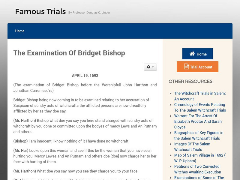 Famous Trials: Salem Witch Trials: Examination of Bridget Bishop Primary Famous Trials: Salem Witch Trials: Examination of Bridget Bishop Primary