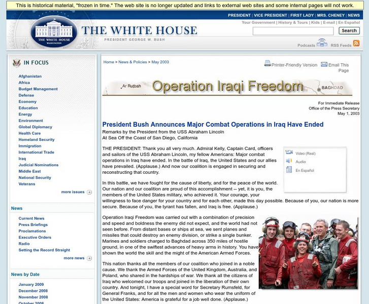 White House: President Bush Announces Major Combat Operations in Iraq Have Ended Primary White House: President Bush Announces Major Combat Operations in Iraq Have Ended Primary