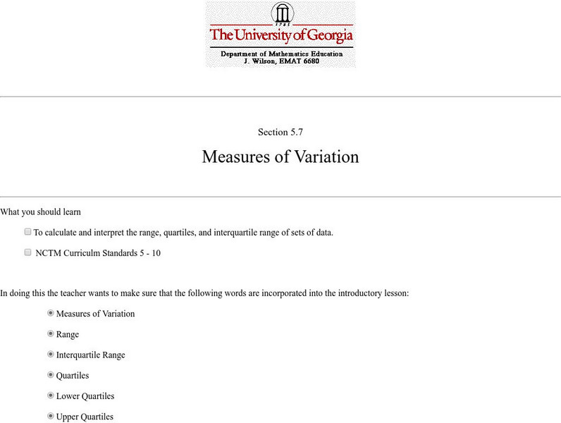 University of Georgia: Measures of Variation Lesson Plan University of Georgia: Measures of Variation Lesson Plan