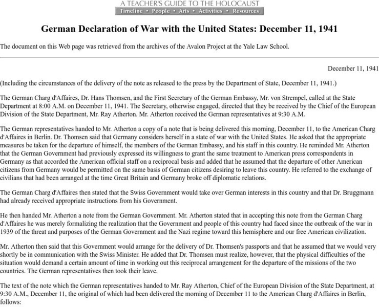 Teacher's Guide to the Holocaust: German Declaration of War With the Us Primary