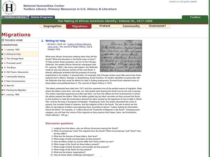National Humanities Center: Toolbox Library: Writing for Help, Making of African American Identity: V. 3 Primary National Humanities Center: Toolbox Library: Writing for Help, Making of African American Identity: V. 3 Primary