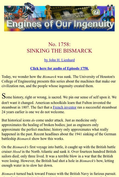 University of Houston: Engines of Our Ingenuity: No. 1758: Sinking the Bismarck Article