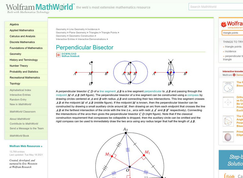 Wolfram Math World: Perpendicular Bisector Handout Wolfram Math World: Perpendicular Bisector Handout