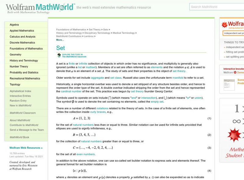 Wolfram Math World: Sets Handout Wolfram Math World: Sets Handout