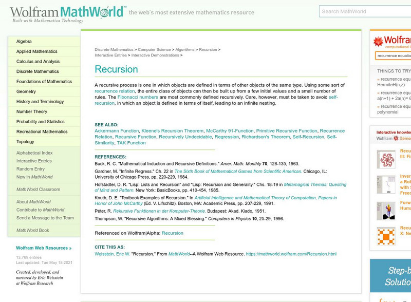 Wolfram Mathworld: Recursion Handout