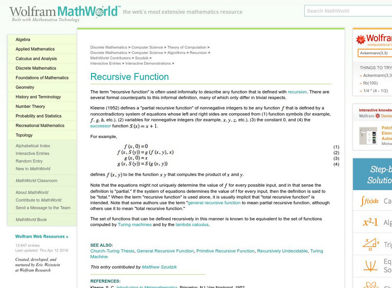 Wolfram Math World: Recursive Function Handout Wolfram Math World: Recursive Function Handout