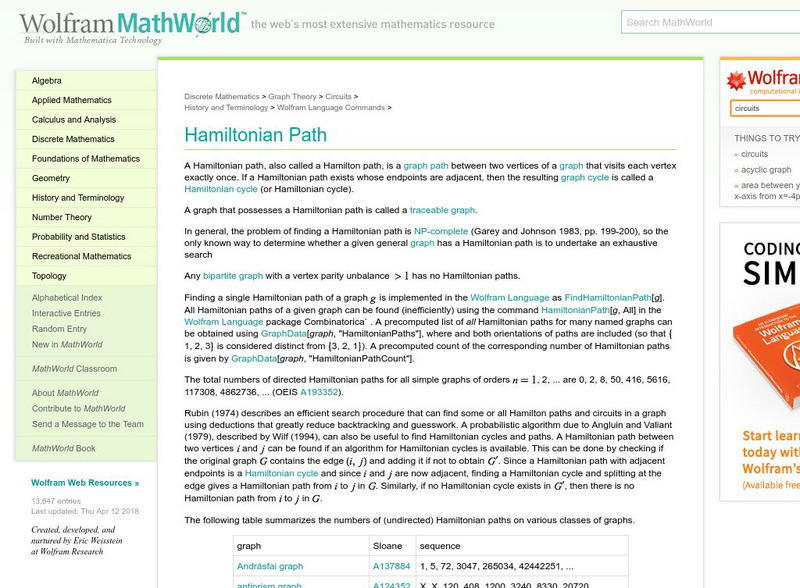 Wolfram Math World: Hamiltonian Path Handout Wolfram Math World: Hamiltonian Path Handout