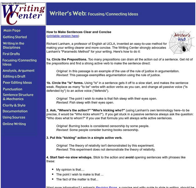 University of Richmond: Writer's Web: How to Make Sentences Clear and Concise Handout University of Richmond: Writer's Web: How to Make Sentences Clear and Concise Handout