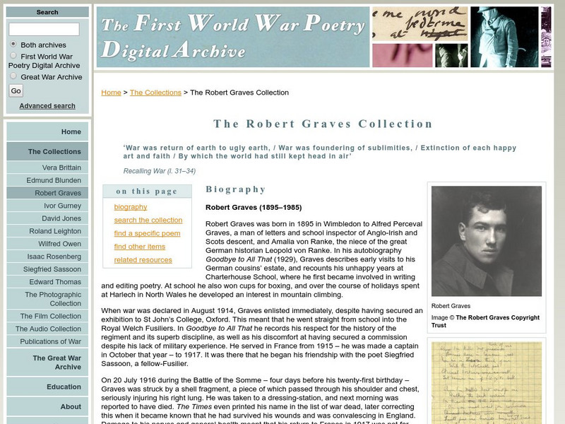 First World War Poetry Digital Archive: Robert Graves Collection Handout First World War Poetry Digital Archive: Robert Graves Collection Handout