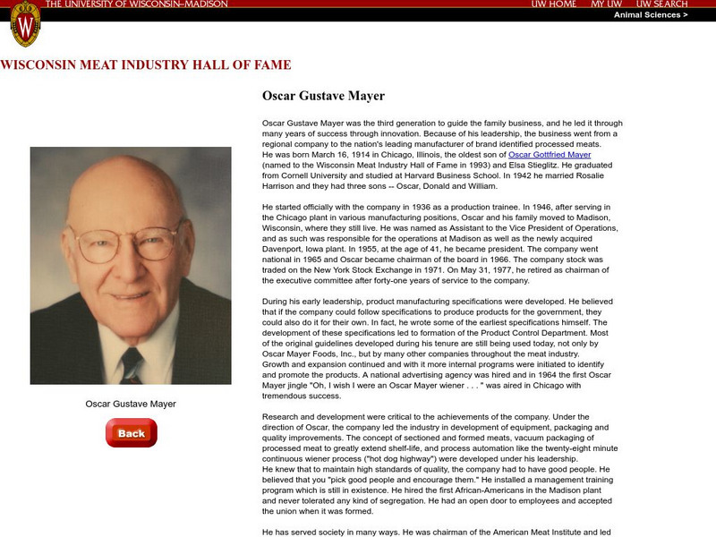 Univ. Of Wisconsin: Wisconsin Meat Industry Hall of Fame: Oscar Gustave Mayer Handout Univ. Of Wisconsin: Wisconsin Meat Industry Hall of Fame: Oscar Gustave Mayer Handout