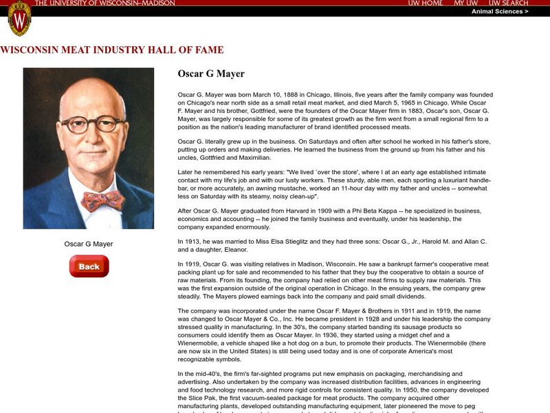 Univ. Of Wisconsin: Wisconsin Meat Industry Hall of Fame: Oscar G. Mayer Handout Univ. Of Wisconsin: Wisconsin Meat Industry Hall of Fame: Oscar G. Mayer Handout