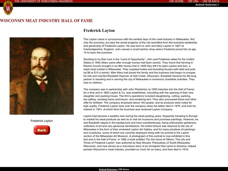 Univ. Of Wisconsin: Wisconsin Meat Industry Hall of Fame: Frederick Layton Handout Univ. Of Wisconsin: Wisconsin Meat Industry Hall of Fame: Frederick Layton Handout