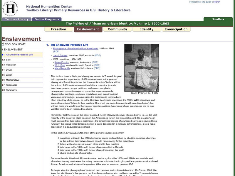 National Humanities Center: Toolbox Library: An Enslaved Person's Life, Making of African American Identity Primary National Humanities Center: Toolbox Library: An Enslaved Person's Life, Making of African American Identity Primary