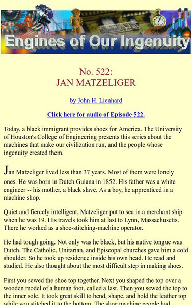 University of Houston: Engines of Our Ingenuity: No. 522: Jan Matzeliger Article