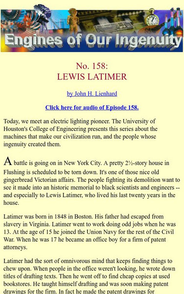 University of Houston: Engines of Our Ingenuity: No. 158: Lewis Latimer Article