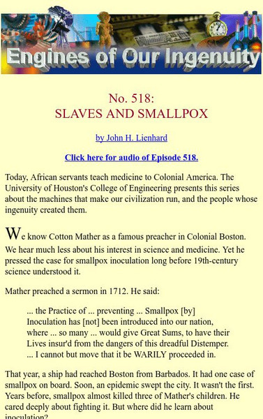 University of Houston: Engines of Our Ingenuity: Slaves and Smallpox Unit Plan