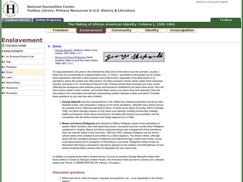 National Humanities Center: Toolbox Library: Driver, Making of African American Identity: V. 1 Primary National Humanities Center: Toolbox Library: Driver, Making of African American Identity: V. 1 Primary