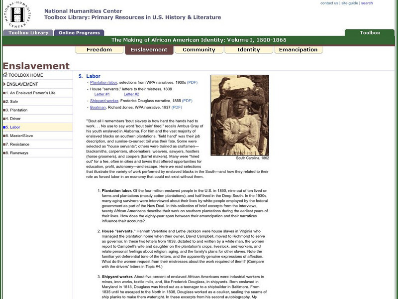 National Humanities Center: Toolbox Library: Labor, Making of African American Identity: V. 1 Primary National Humanities Center: Toolbox Library: Labor, Making of African American Identity: V. 1 Primary