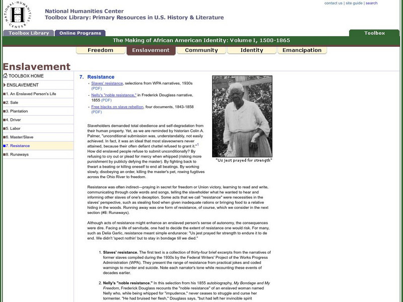 National Humanities Center: Toolbox Library: Resistance, Making of African American Identity: V. 1 Primary National Humanities Center: Toolbox Library: Resistance, Making of African American Identity: V. 1 Primary