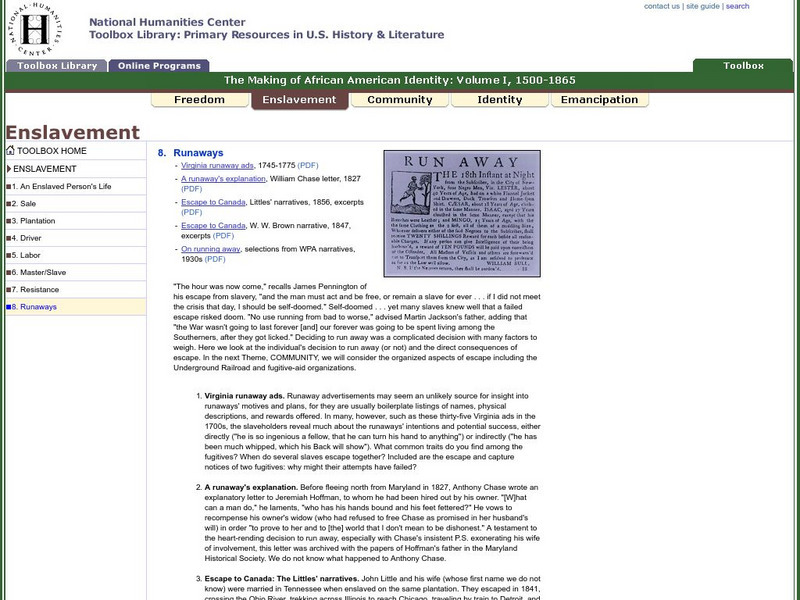 National Humanities Center: Toolbox Library: Runaways, Making of African American Identity: V. 1 Primary National Humanities Center: Toolbox Library: Runaways, Making of African American Identity: V. 1 Primary