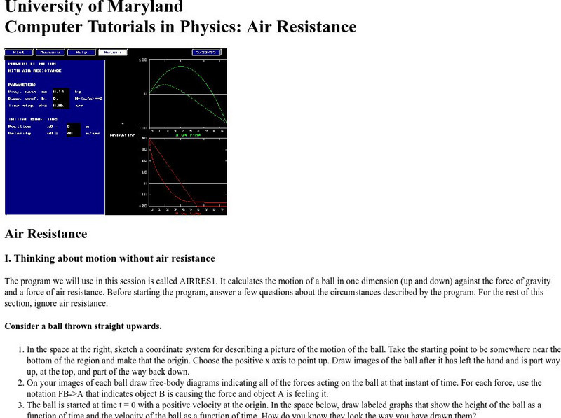 University of Marylad: Computer Tutorials in Physics: Air Resistance Website