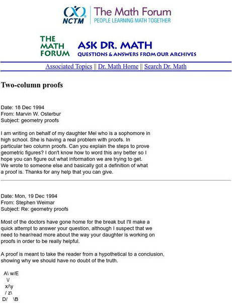 The Math Forum: Ask Dr. Math: Two Column Proofs Website The Math Forum: Ask Dr. Math: Two Column Proofs Website