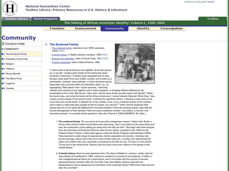 National Humanities Center: Toolbox Library: The Enslaved Family, Making of African American Identity: Vol. 1 Primary National Humanities Center: Toolbox Library: The Enslaved Family, Making of African American Identity: Vol. 1 Primary