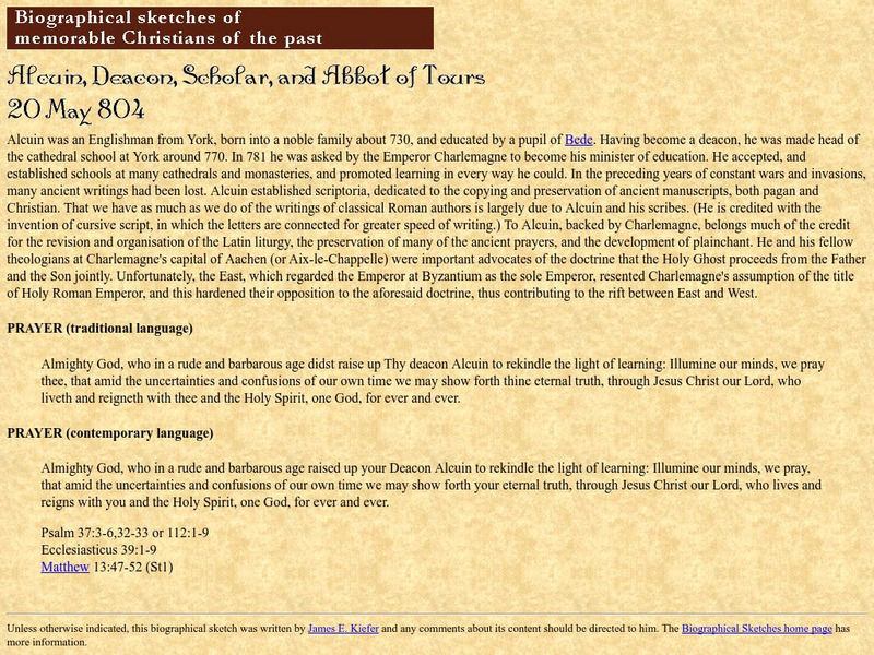 Alcuin, Deacon, Scholar, and Abbot of Tours Handout Alcuin, Deacon, Scholar, and Abbot of Tours Handout