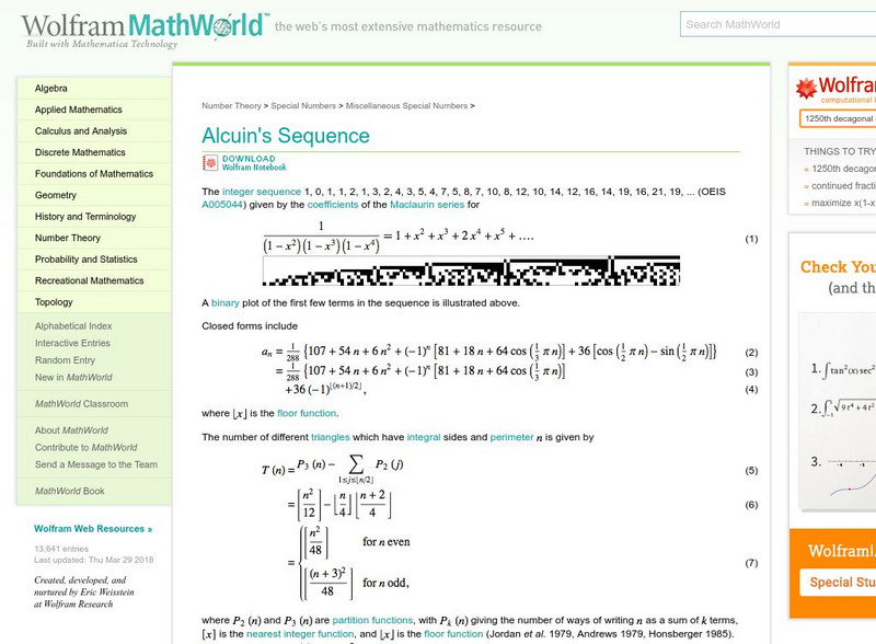 Wolfram Math World: Alcuin's Sequence Graphic Wolfram Math World: Alcuin's Sequence Graphic