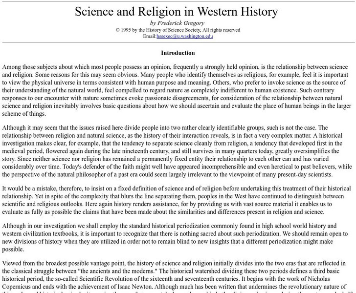 History of Science Society Science and Religion in Western History Handout History of Science Society Science and Religion in Western History Handout