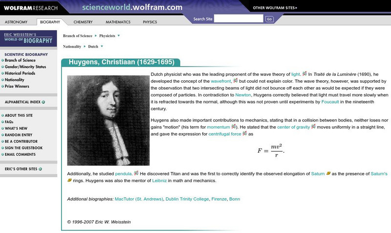 Wolfram Science World: Huygens, Christiaan Handout Wolfram Science World: Huygens, Christiaan Handout