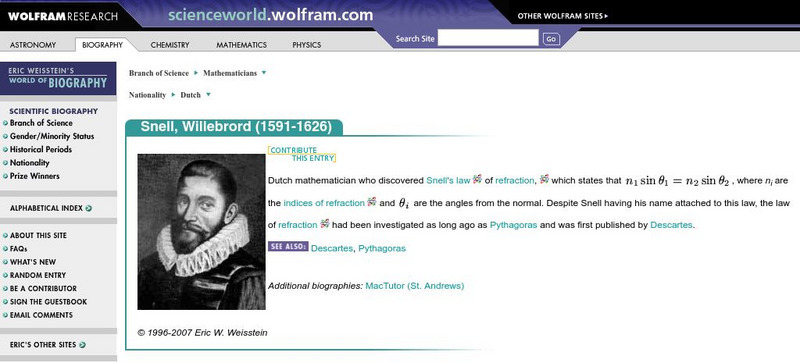 Wolfram Science World: Snell, Willebrord Handout Wolfram Science World: Snell, Willebrord Handout