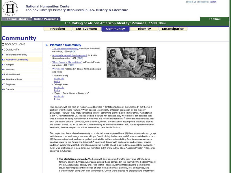 National Humanities Center: Toolbox Library: Plantation Community, Making of African American Identity: V. 1 Primary National Humanities Center: Toolbox Library: Plantation Community, Making of African American Identity: V. 1 Primary