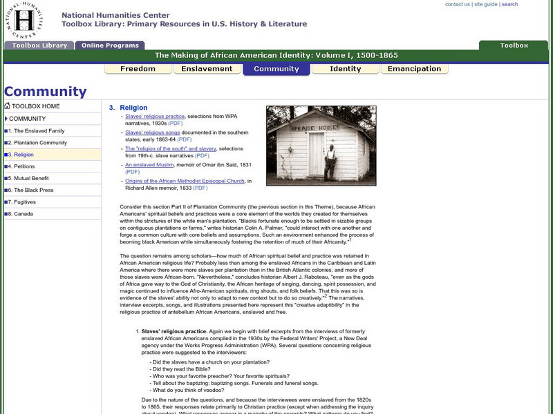 National Humanities Center: Toolbox Library: Religion, Making of African American Identity: V. 1 Primary National Humanities Center: Toolbox Library: Religion, Making of African American Identity: V. 1 Primary