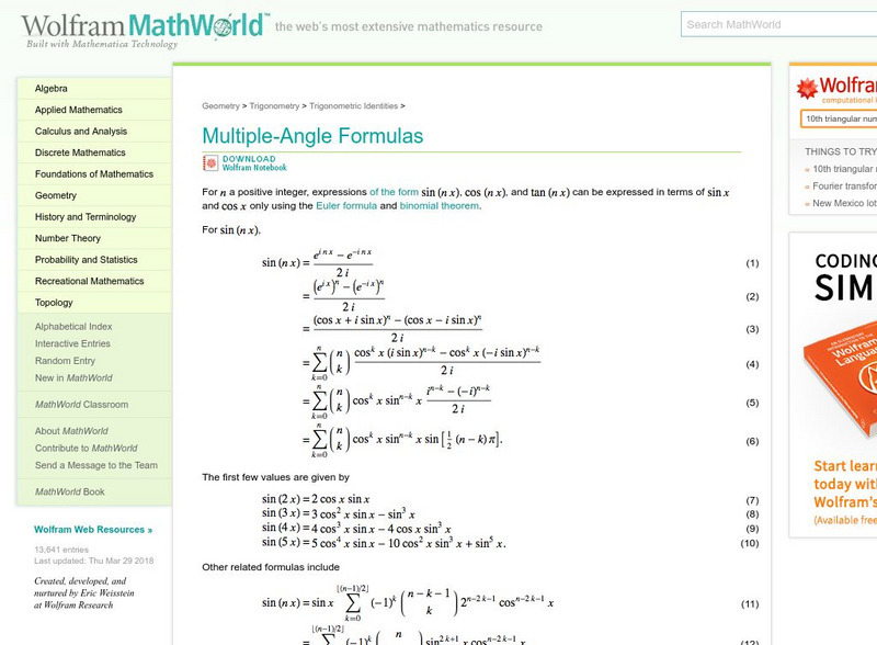Wolfram Math World: Multiple Angle Formulas Activity