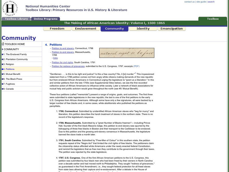 National Humanities Center: Toolbox Library: Petitions, Making of African American Identity: V. 1 Handout National Humanities Center: Toolbox Library: Petitions, Making of African American Identity: V. 1 Handout