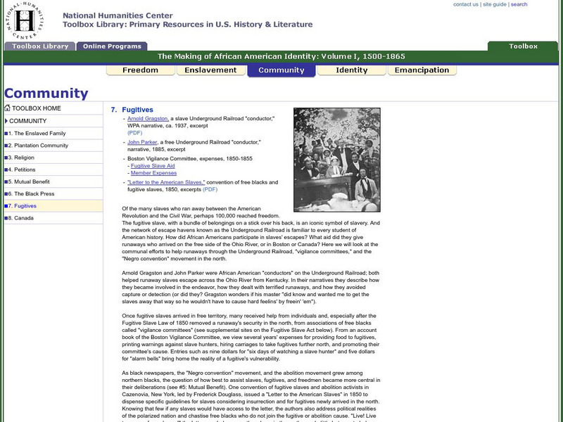 National Humanities Center: Toolbox Library: Fugitives, Making of African American Identity: V. 1 Unit Plan National Humanities Center: Toolbox Library: Fugitives, Making of African American Identity: V. 1 Unit Plan