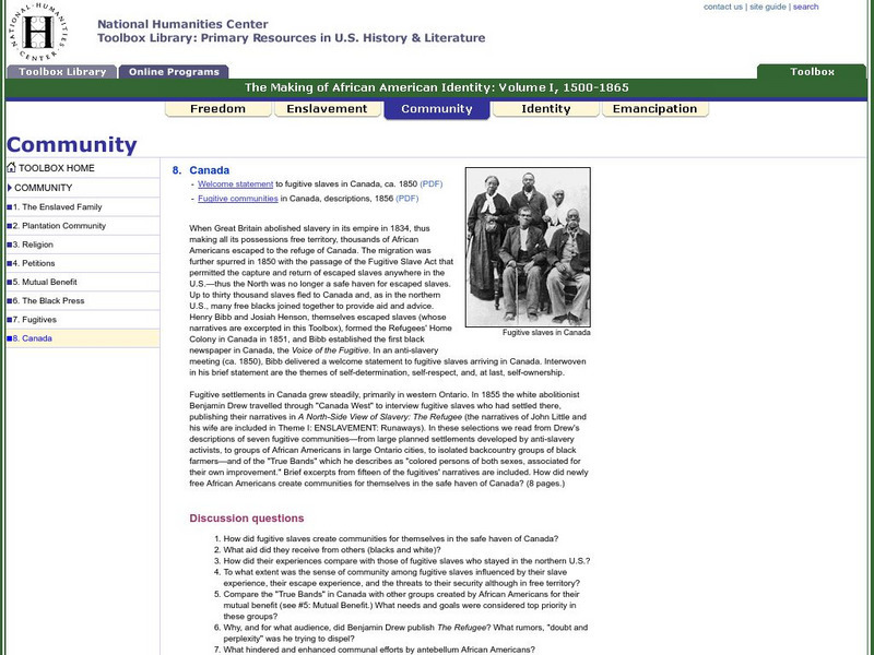 National Humanities Center: Toolbox Library: Making of African American Identity: Canada Unit Plan National Humanities Center: Toolbox Library: Making of African American Identity: Canada Unit Plan