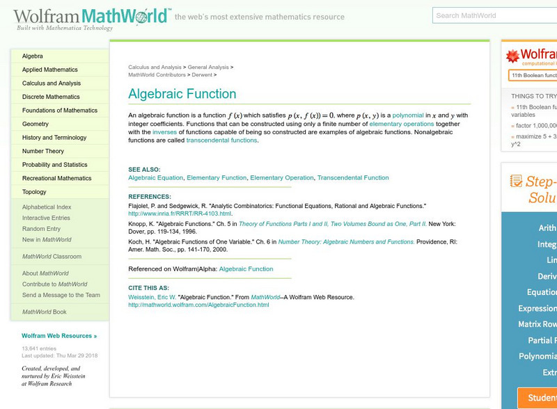 Wolfram Math World: Algebraic Function Handout Wolfram Math World: Algebraic Function Handout