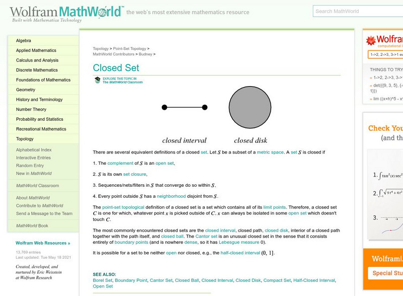 Wolfram Math World: Closed Set Handout Wolfram Math World: Closed Set Handout